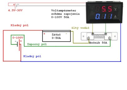 Nastaviteľný Voltmeter + Ampérmeter kombinovaný 4,5 V – 100 V  s 50A bočníkom - Image 4