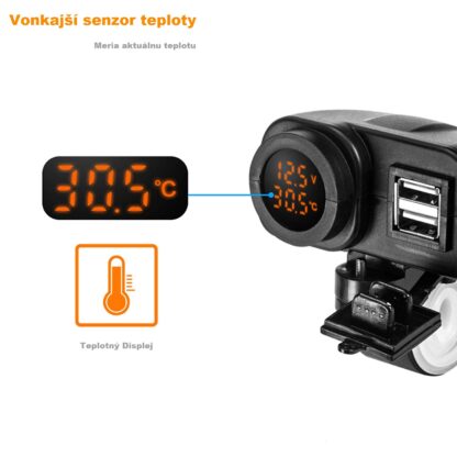 3v1 Voltmeter teplomer s USB na motocykel - Image 3